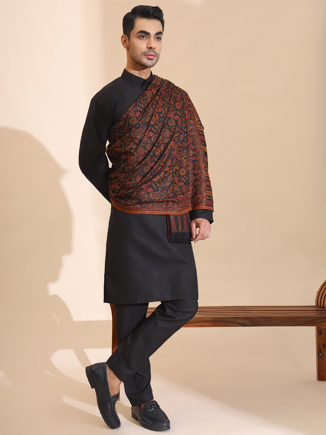 Kani Weave Jaal Pattern Shawl for Men | Black