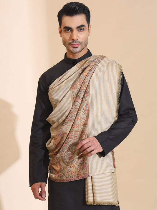 Kani Weave Woven Border Pure Wool Shawl for Men | Brown