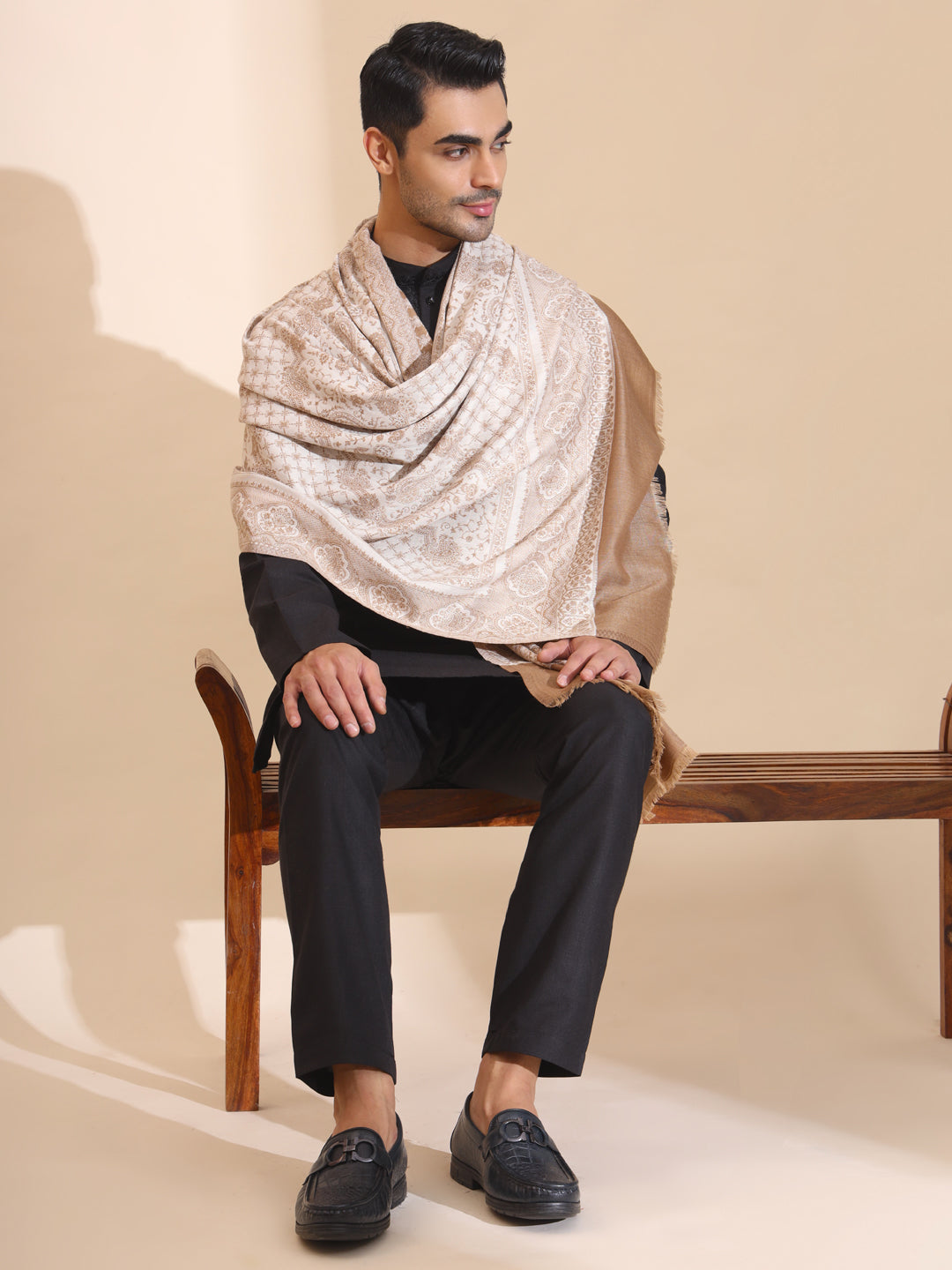 Kashmiri Woven Ethnic Jaal Shawl for Men | Brown