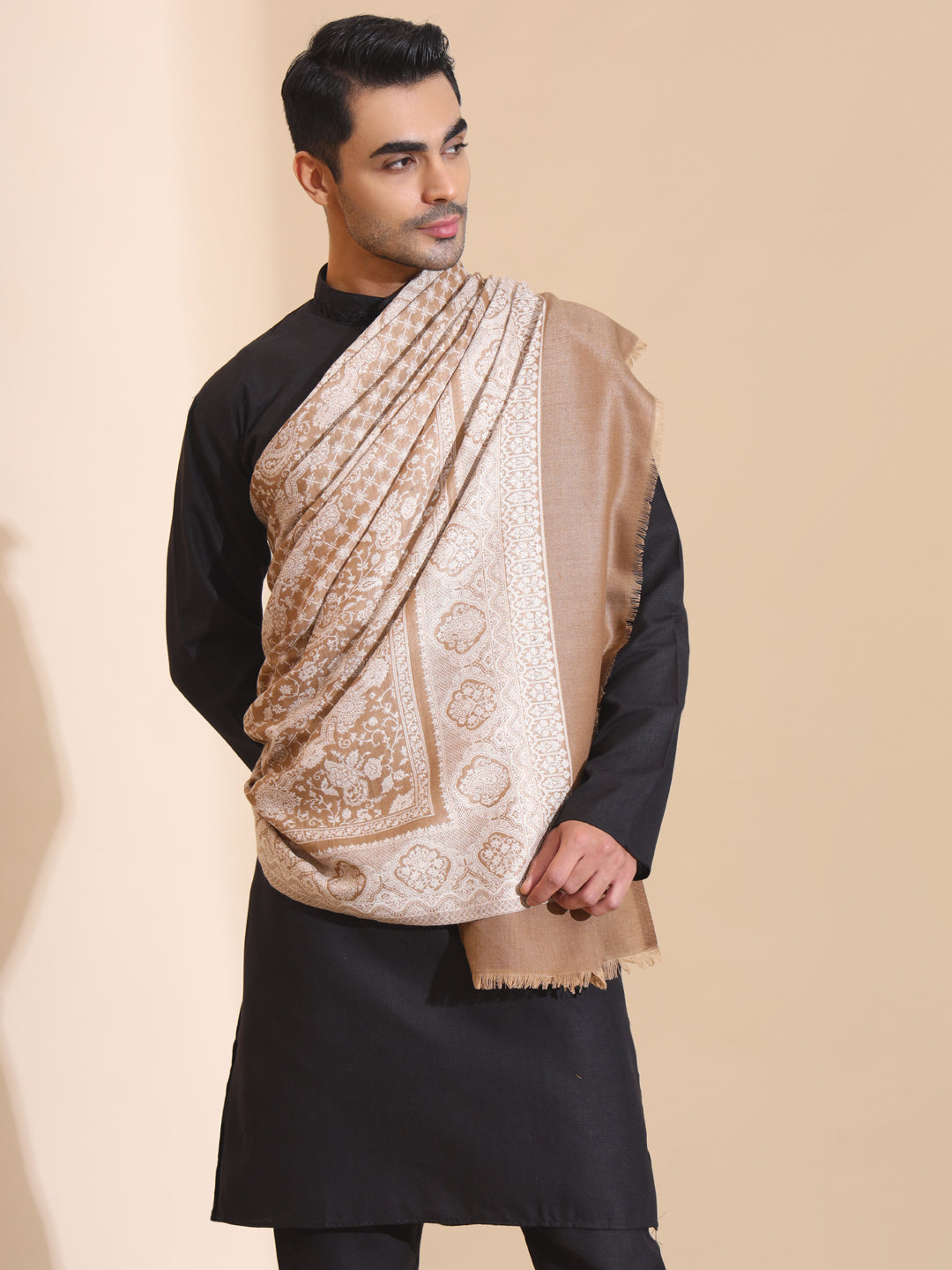 Kashmiri Woven Ethnic Jaal Shawl for Men | Brown