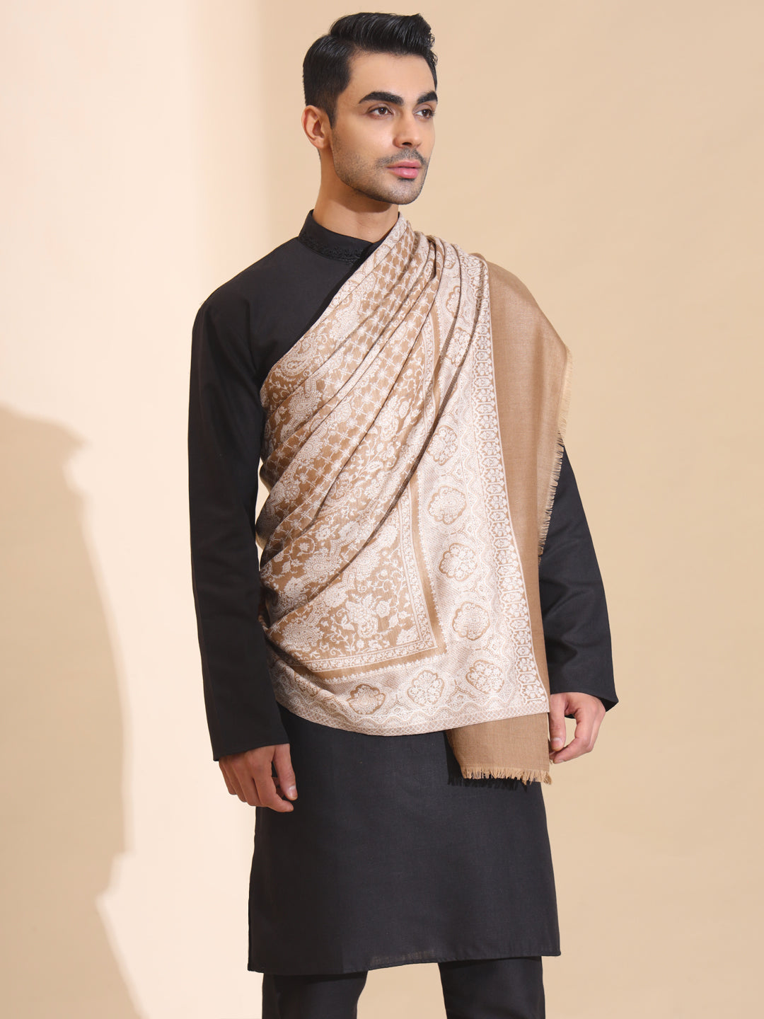 Kashmiri Woven Ethnic Jaal Shawl for Men | Brown