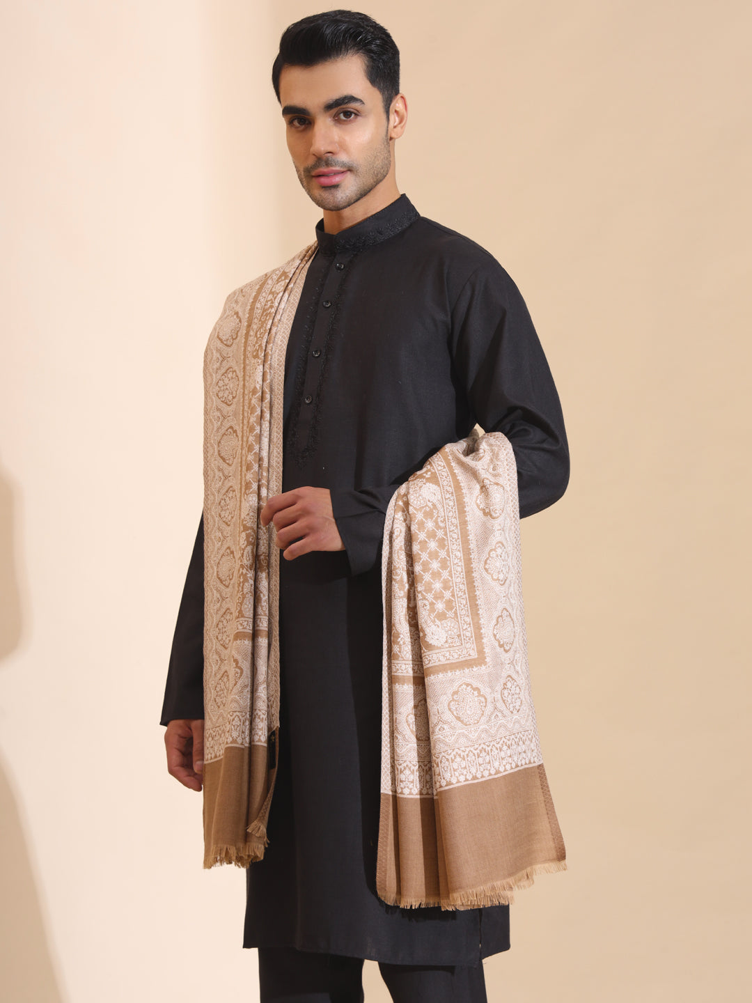 Kashmiri Woven Ethnic Jaal Shawl for Men | Brown