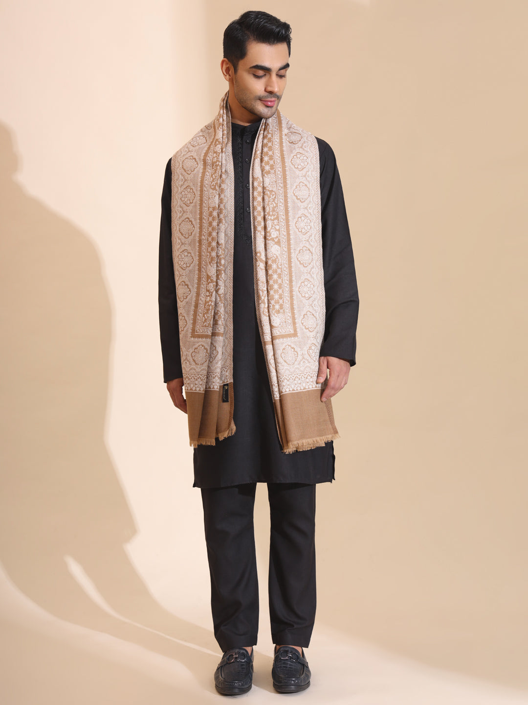 Kashmiri Woven Ethnic Jaal Shawl for Men | Brown