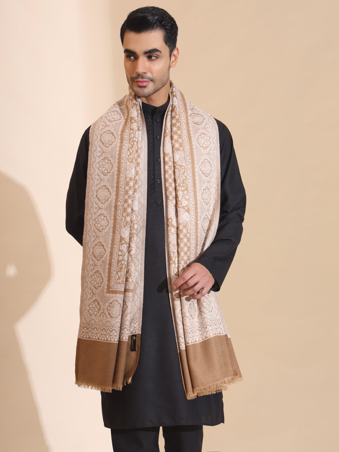 Kashmiri Woven Ethnic Jaal Shawl for Men | Brown