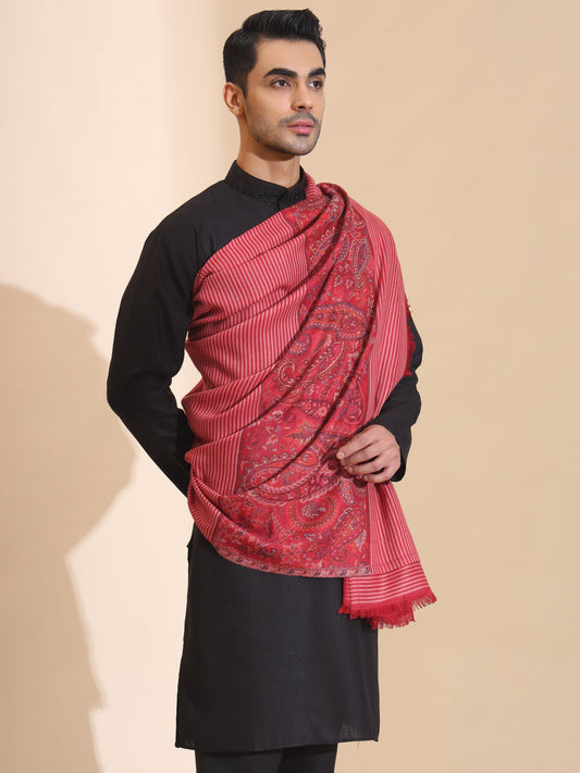 Kani Weave Woven Border Pure Wool Shawl for Men | Maroon