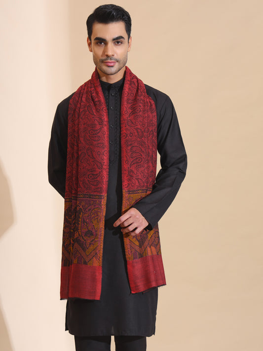 Kani Weave Paisley Border Pure Wool Stole for Men | Maroon