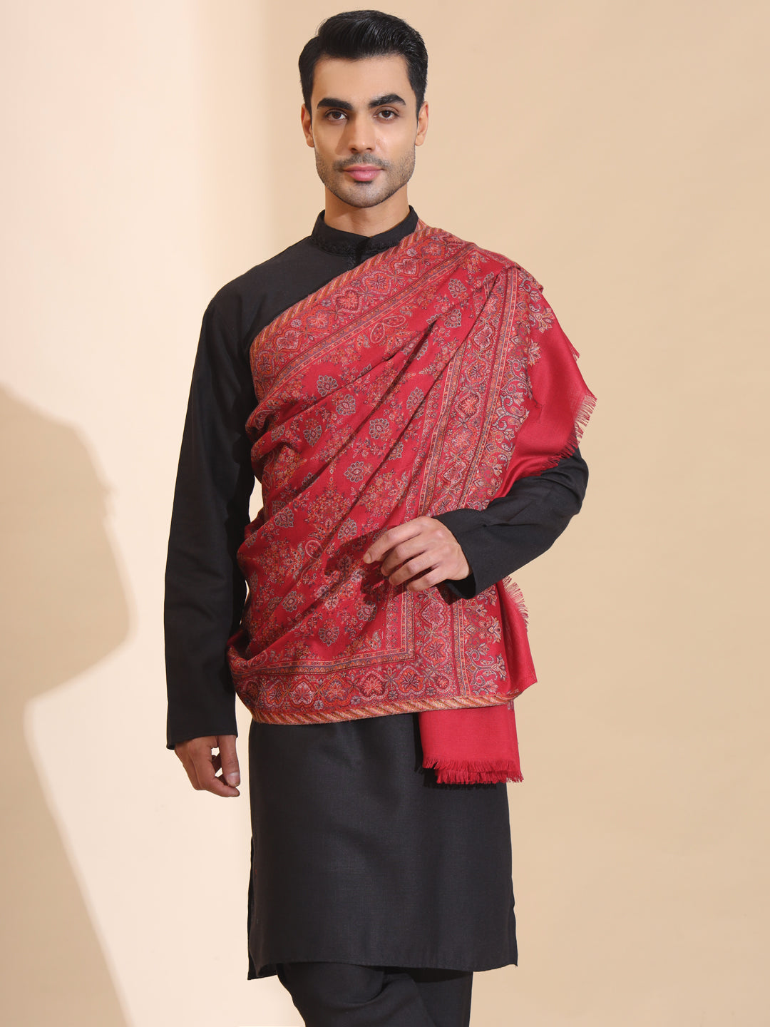 Traditional Kani Weave Pure Wool Shawl for Men | Maroon