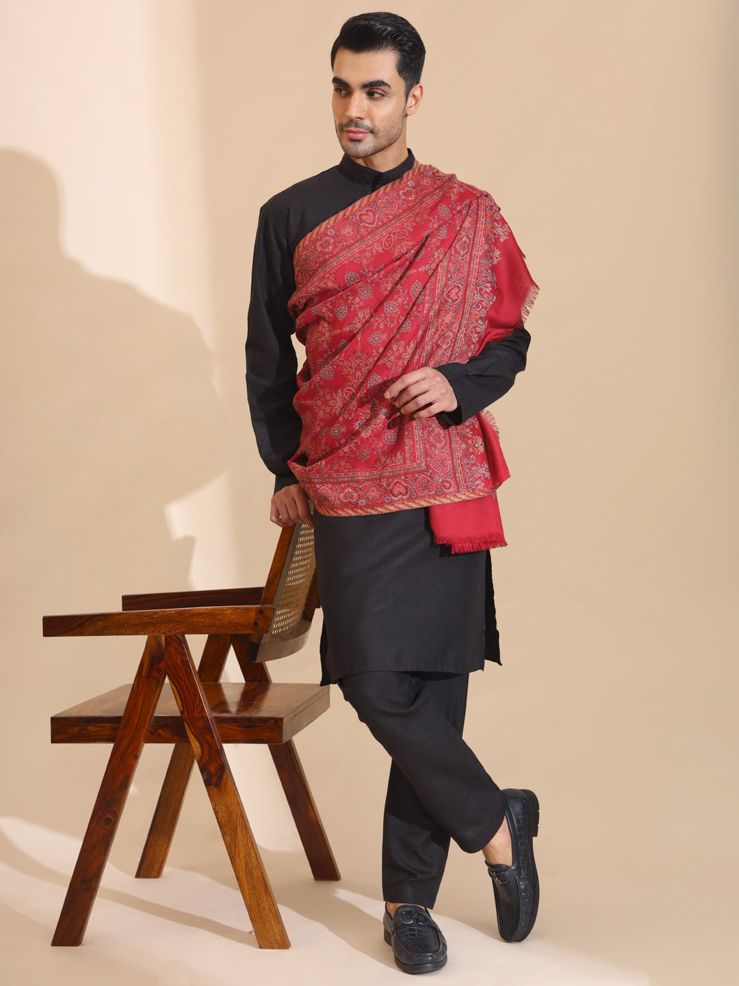 Traditional Kani Weave Pure Wool Shawl for Men | Maroon