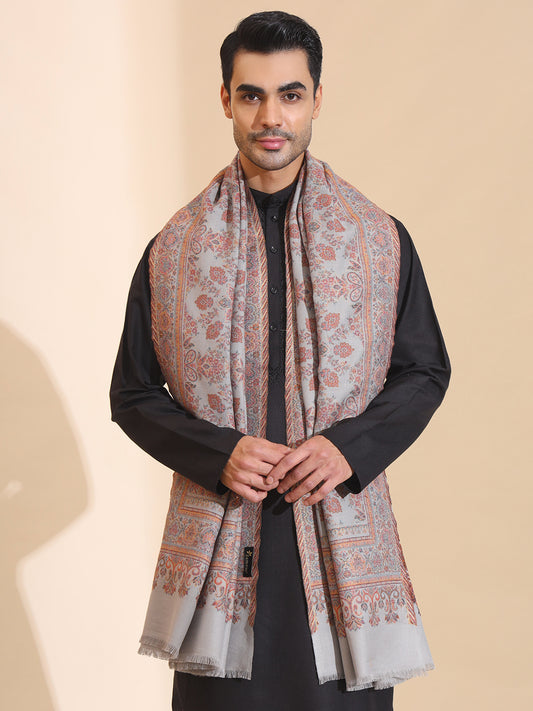 Traditional Kani Weave Pure Wool Shawl for Men | Grey