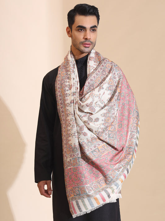 Kani Weave Woven Jaal Pattern Pure Wool Shawl for Men | White