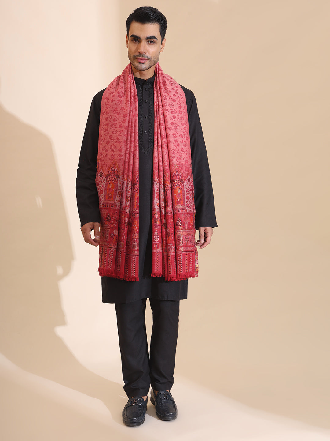 Kani Weave Mughal Border Pure Wool Shawl for Men | Maroon