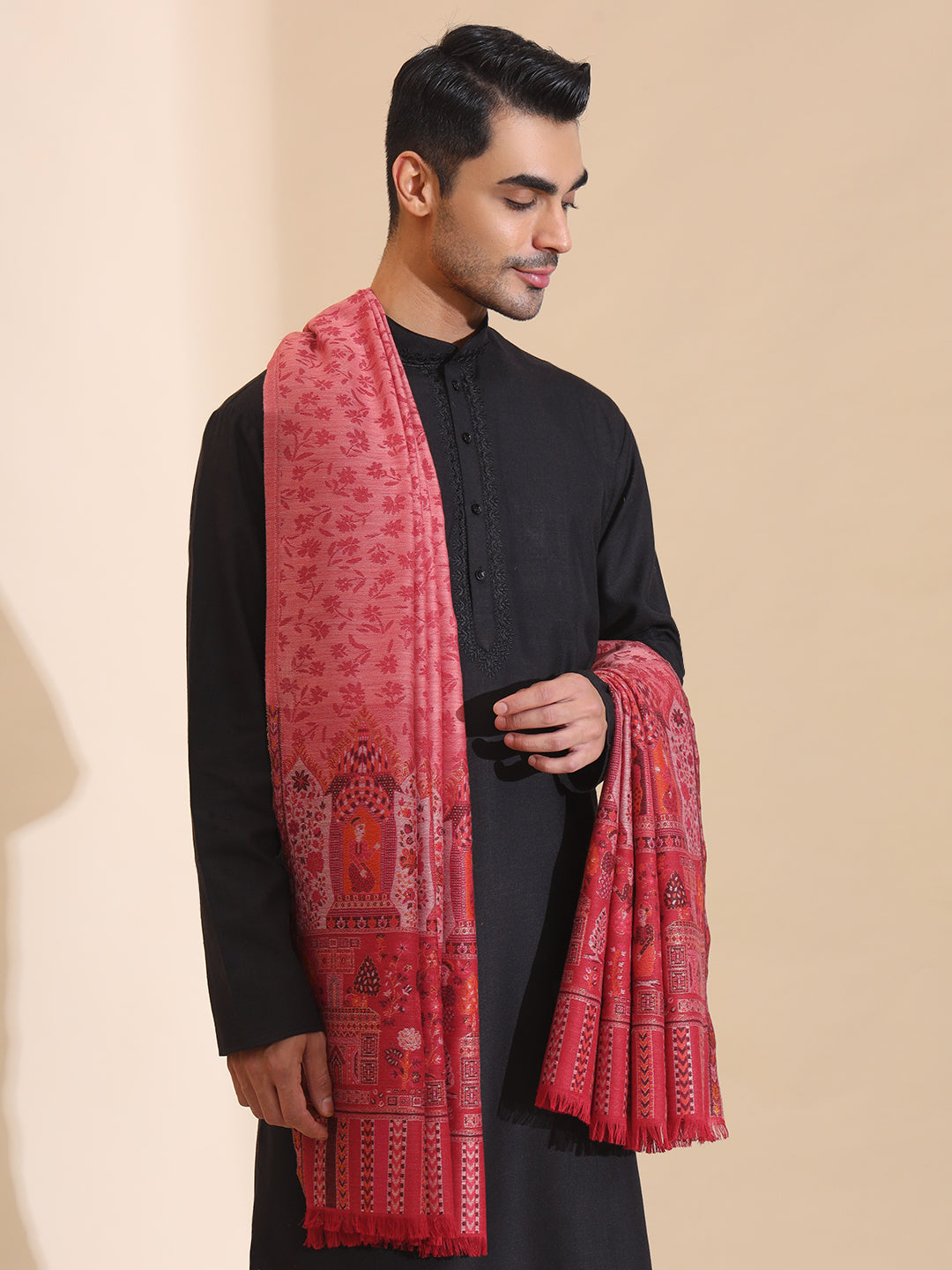 Kani Weave Mughal Border Pure Wool Shawl for Men | Maroon