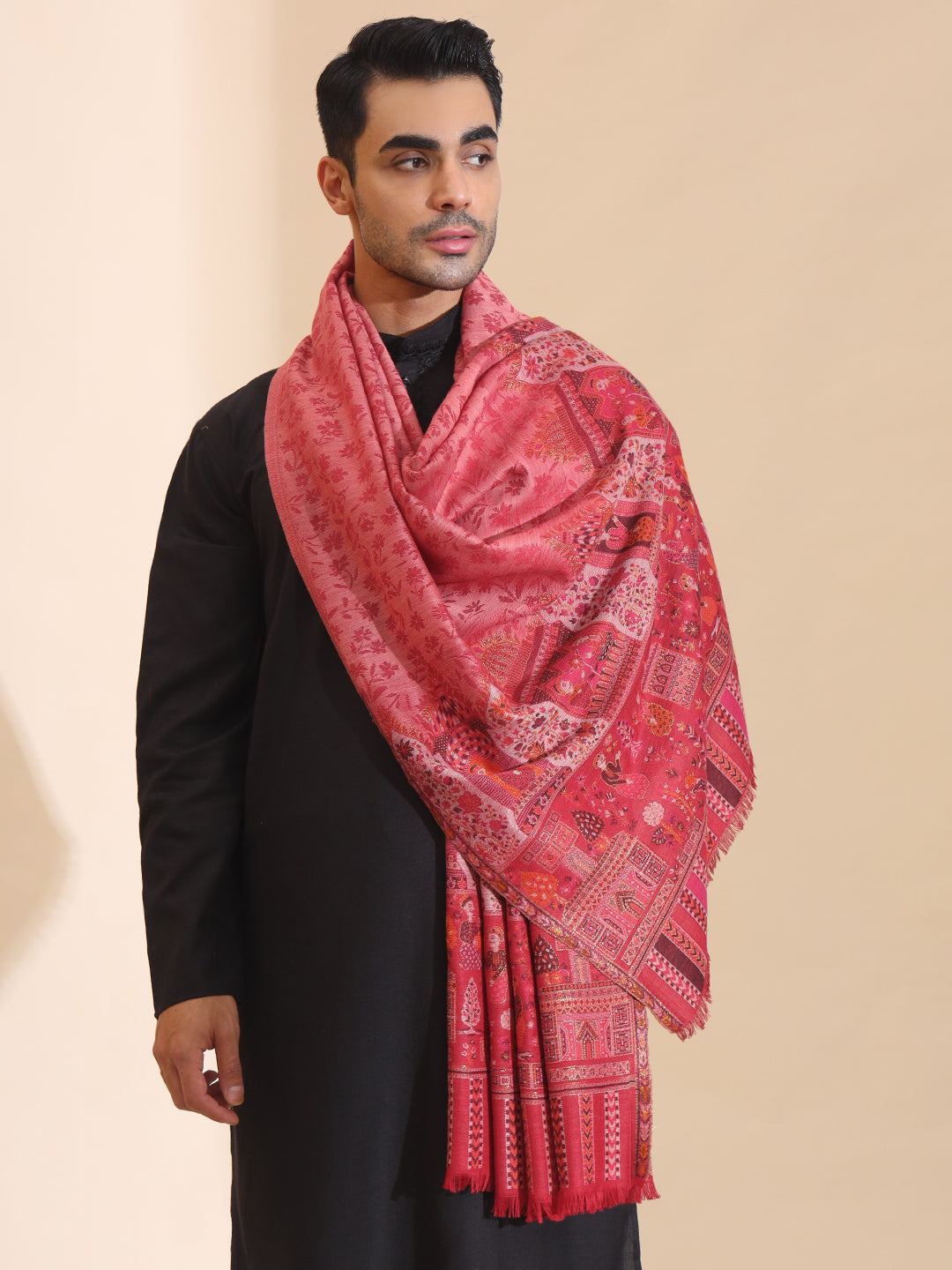 Kani Weave Mughal Border Pure Wool Shawl for Men | Maroon