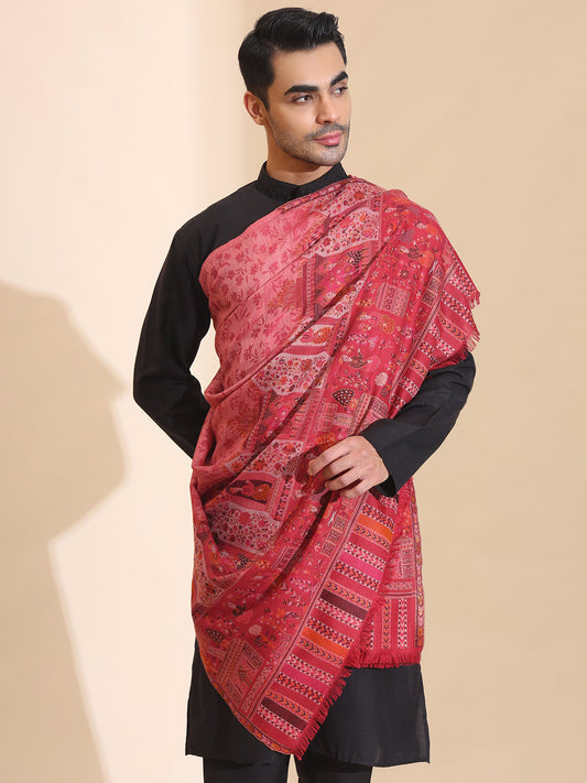 Kani Weave Mughal Border Pure Wool Shawl for Men | Maroon