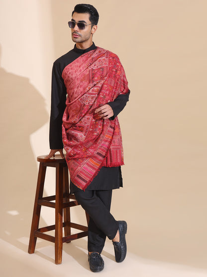 Kani Weave Mughal Border Pure Wool Shawl for Men | Maroon