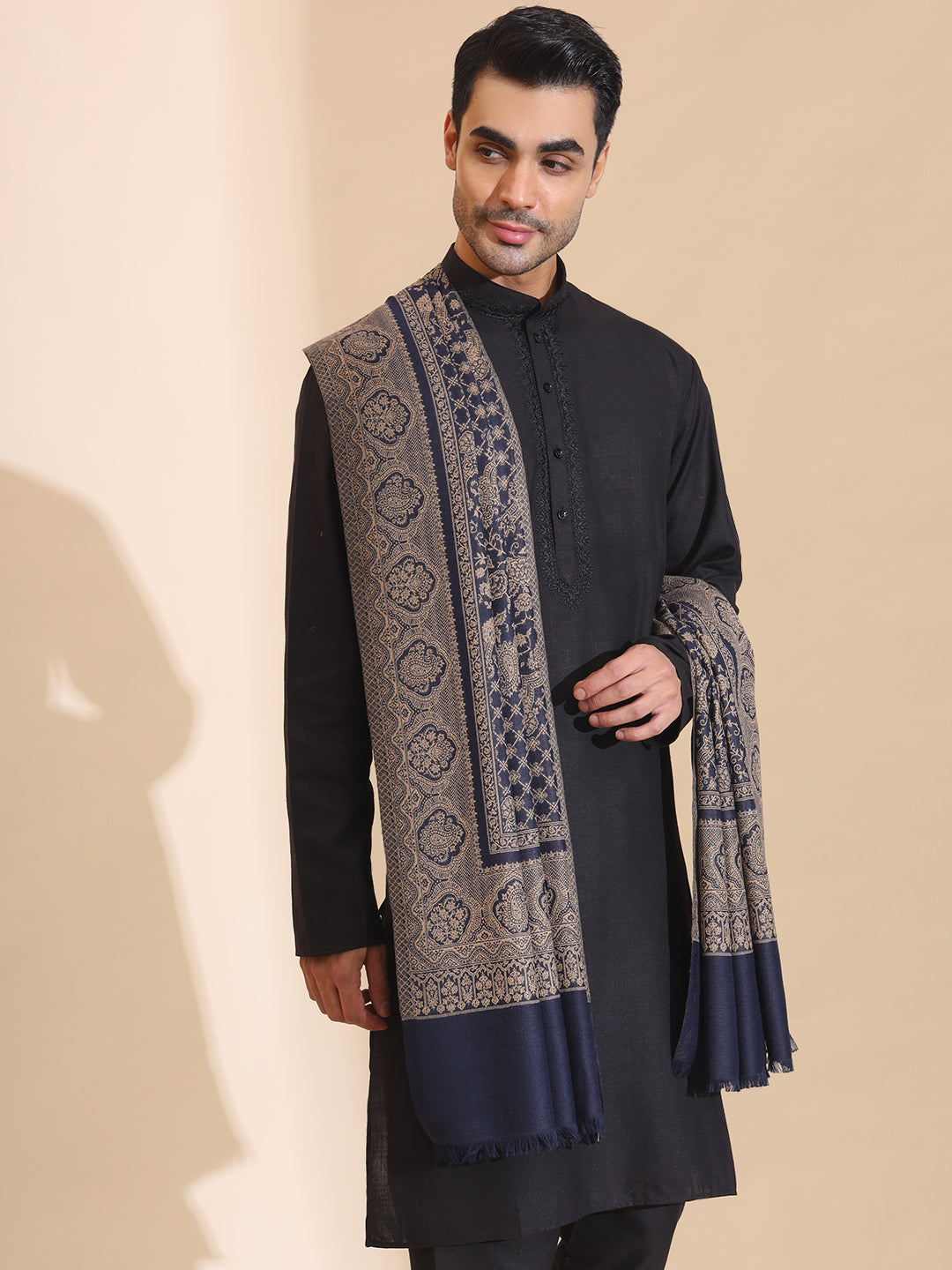 Kashmiri Woven Ethnic Jaal Shawl for Men | Blue