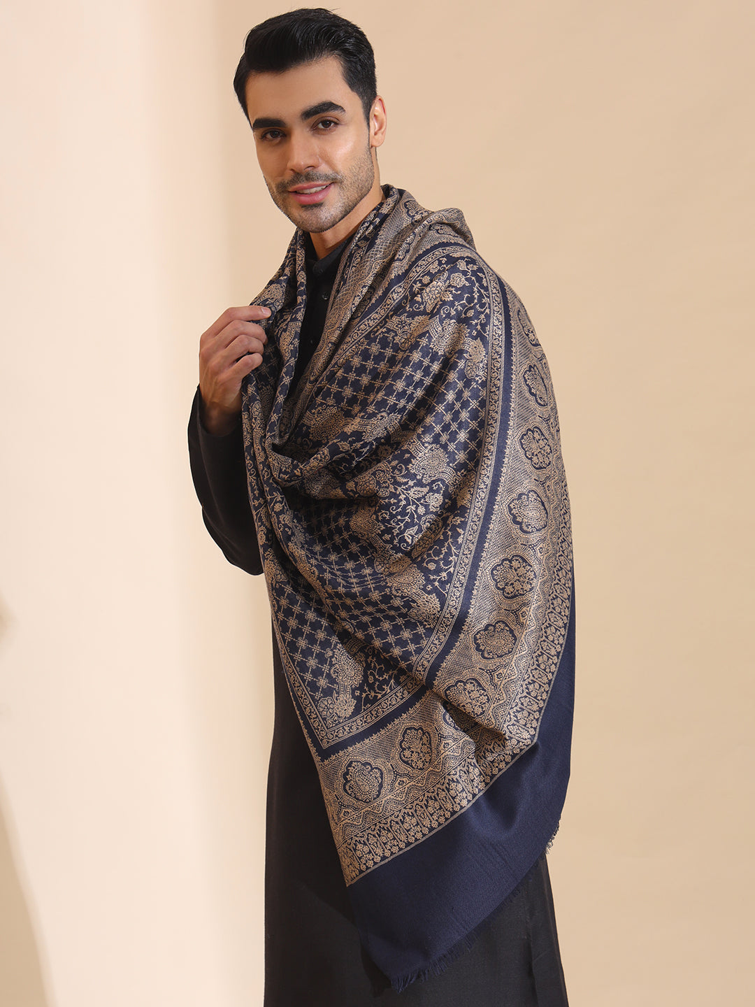 Kashmiri Woven Ethnic Jaal Shawl for Men | Blue