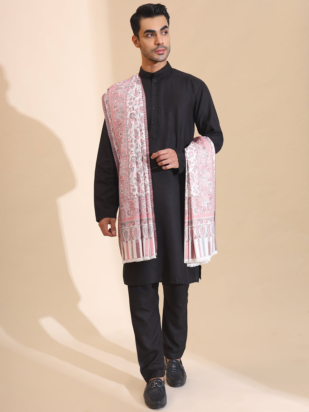 Kani Weave Jaal Pattern Shawl for Men | White