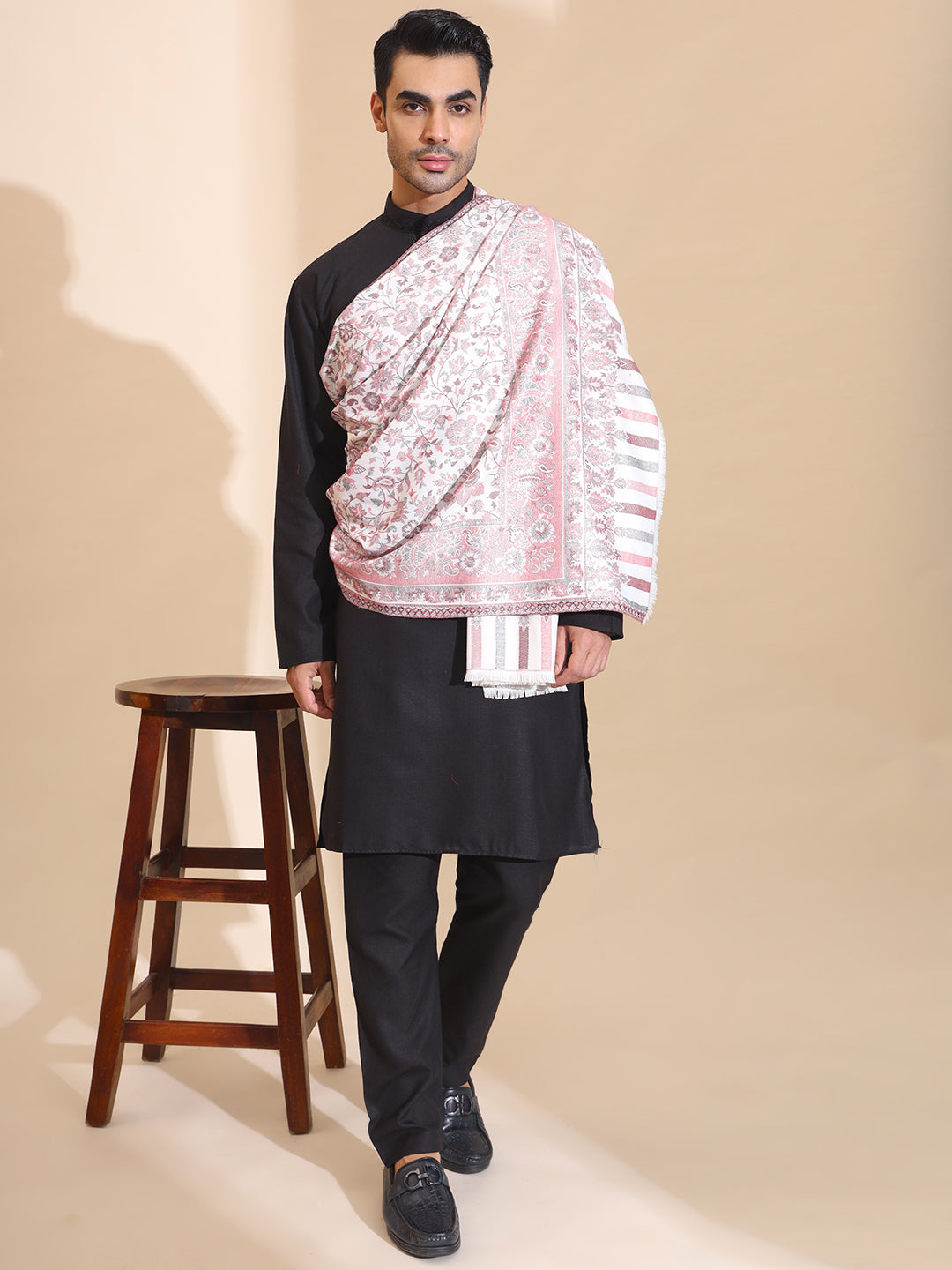 Kani Weave Jaal Pattern Shawl for Men | White