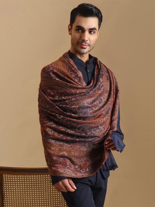 Jamawar Woven Jacquard Ethnic Shawl for Men | Blue