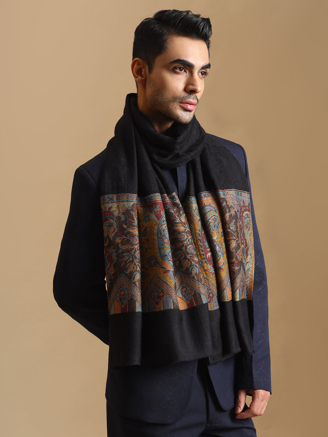 Kani Weave Paisley Border Pure Wool Stole for Men | Black