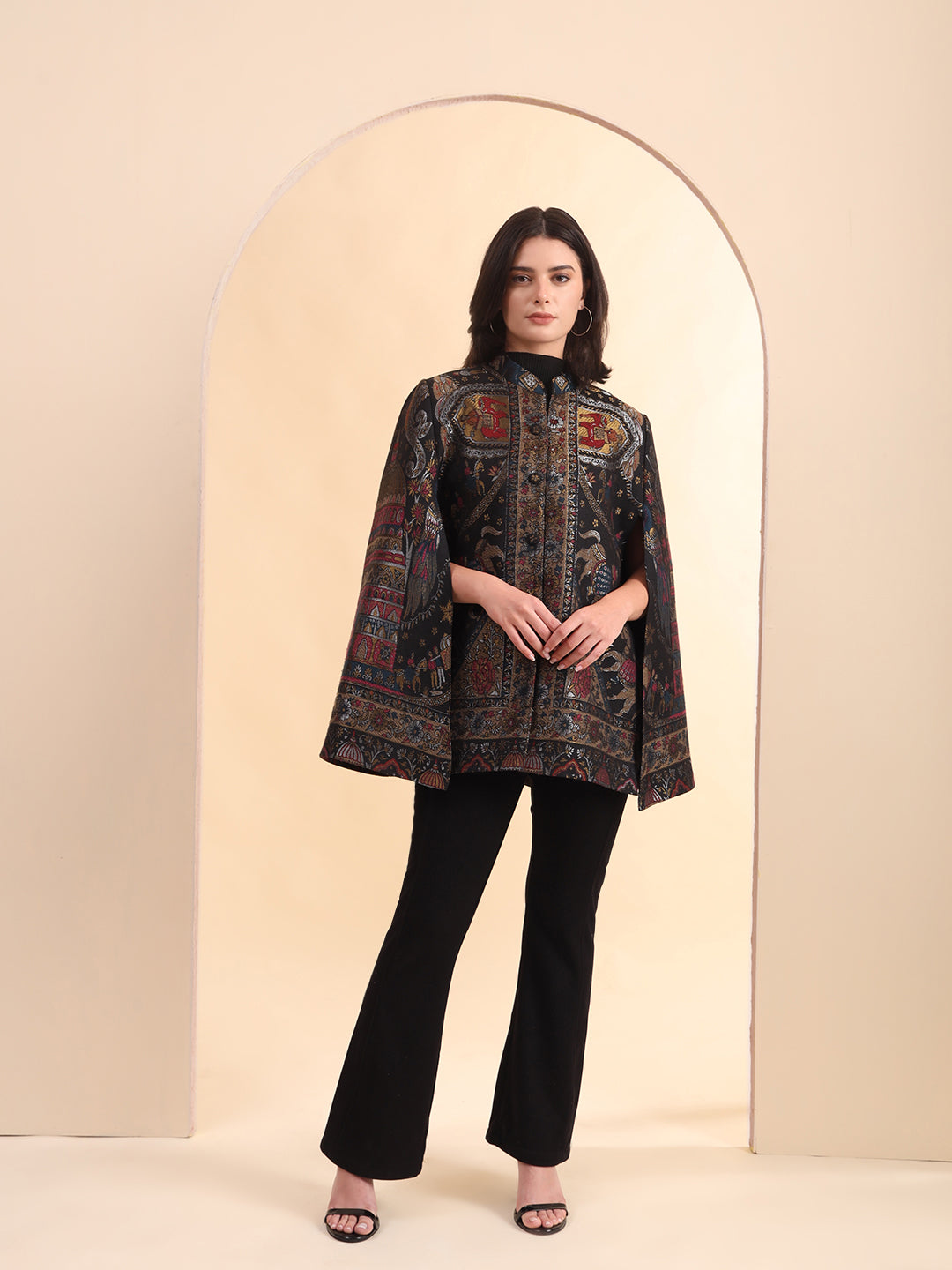 Darbar Woven Wool Cape Jacket in Zari | Black