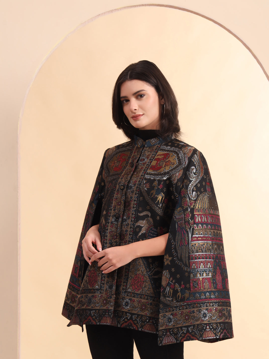 Darbar Woven Wool Cape Jacket in Zari | Black