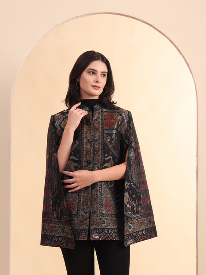 Darbar Woven Wool Cape Jacket in Zari | Black