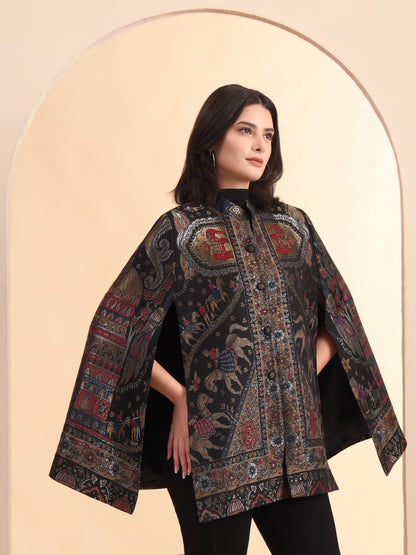 Darbar Woven Wool Cape Jacket in Zari | Black