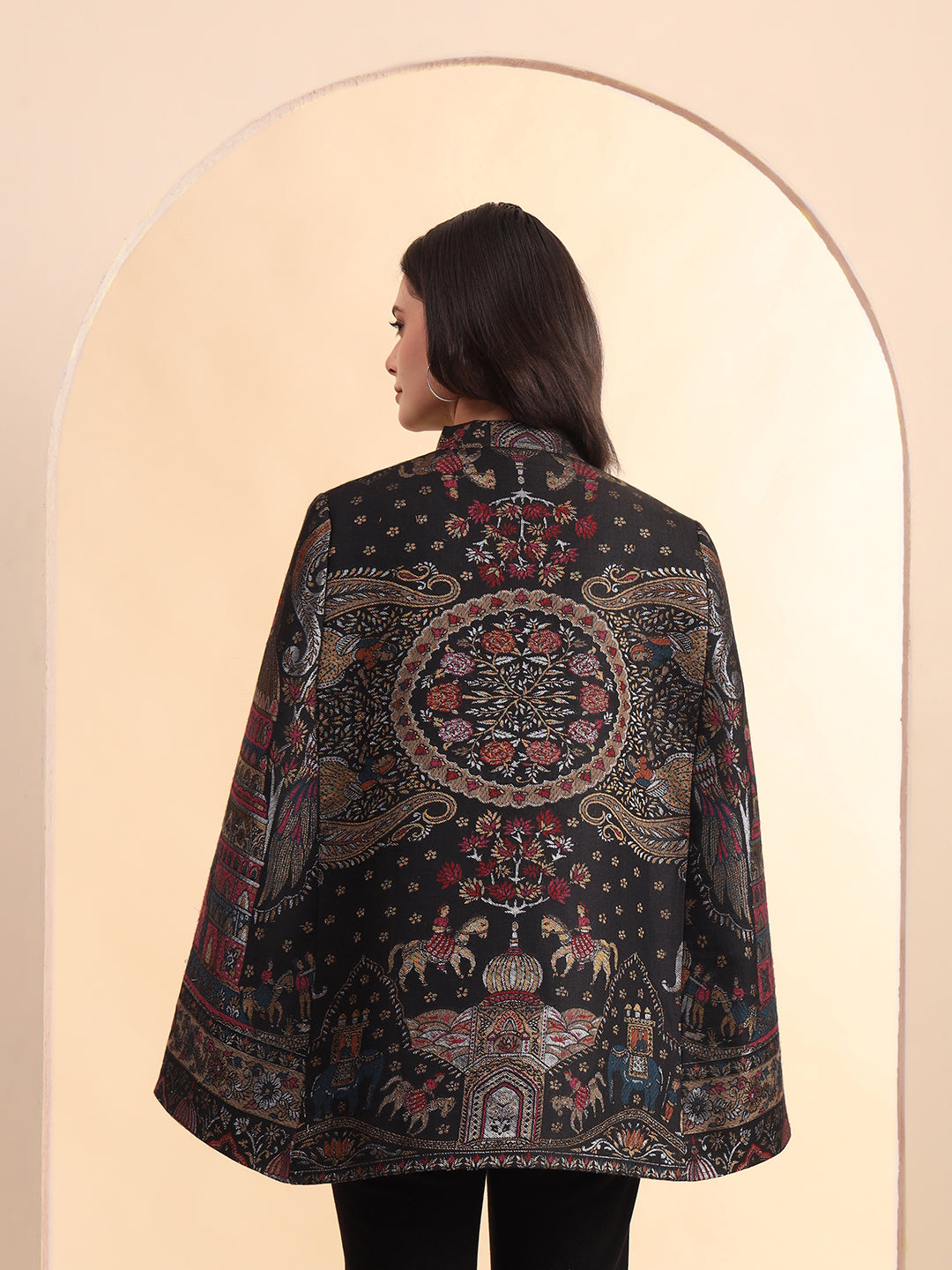 Darbar Woven Wool Cape Jacket in Zari | Black