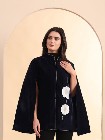 Velvet Hand Embellished Cape Jacket | Blue