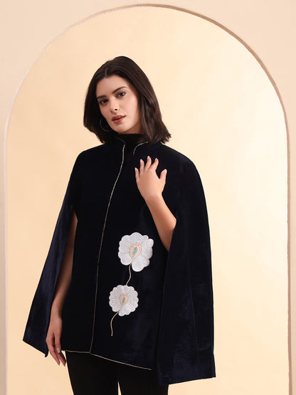 Velvet Hand Embellished Cape Jacket | Blue