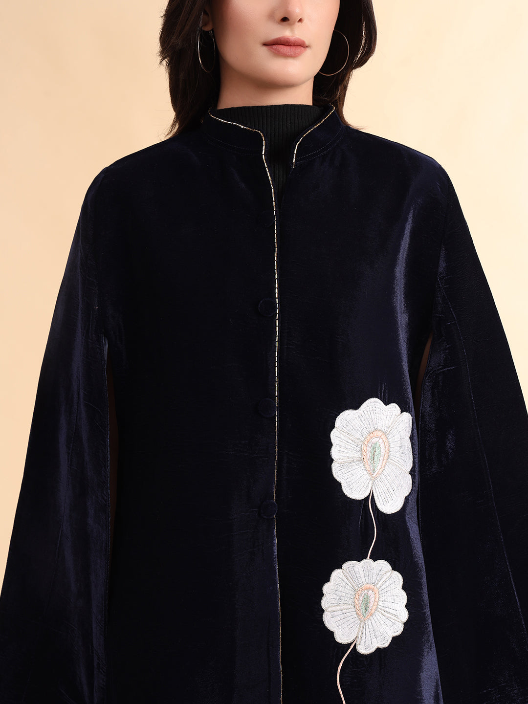 Velvet Hand Embellished Cape Jacket | Blue