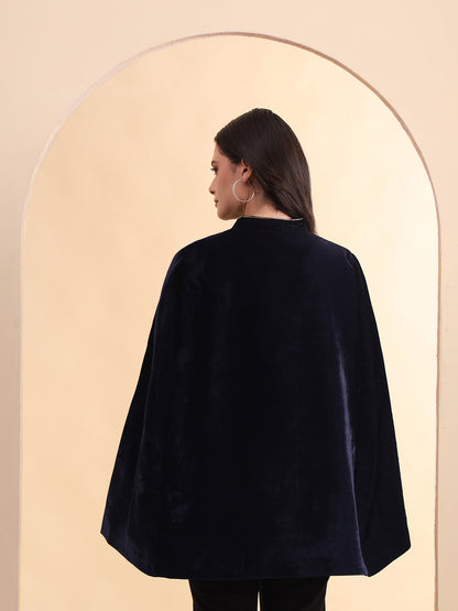 Velvet Hand Embellished Cape Jacket | Blue