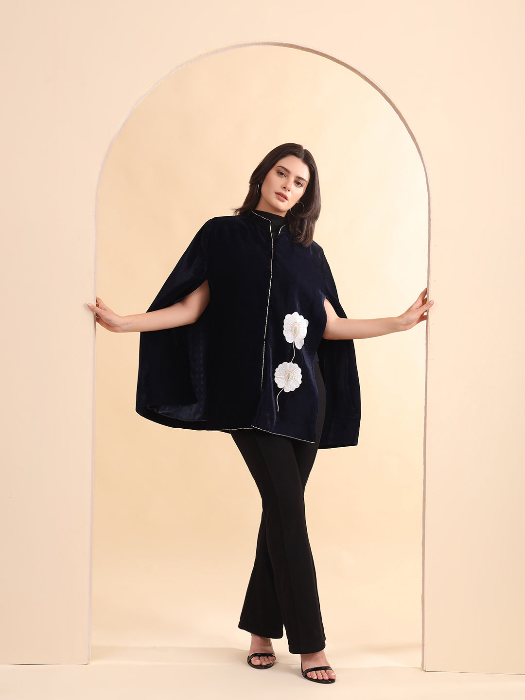 Velvet Hand Embellished Cape Jacket | Blue