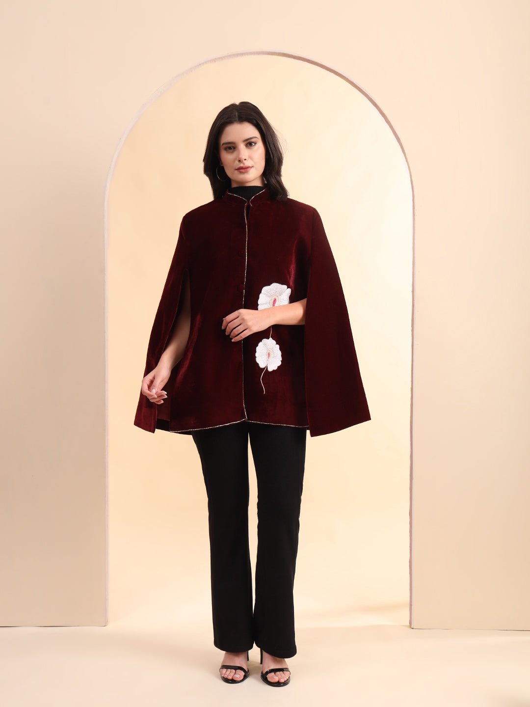 Velvet Hand Embellished Cape Jacket | Maroon