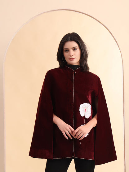 Velvet Hand Embellished Cape Jacket | Maroon