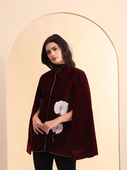 Velvet Hand Embellished Cape Jacket | Maroon