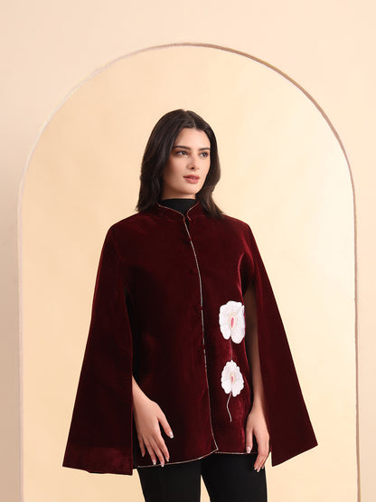 Velvet Hand Embellished Cape Jacket | Maroon