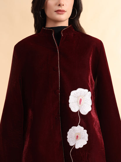 Velvet Hand Embellished Cape Jacket | Maroon