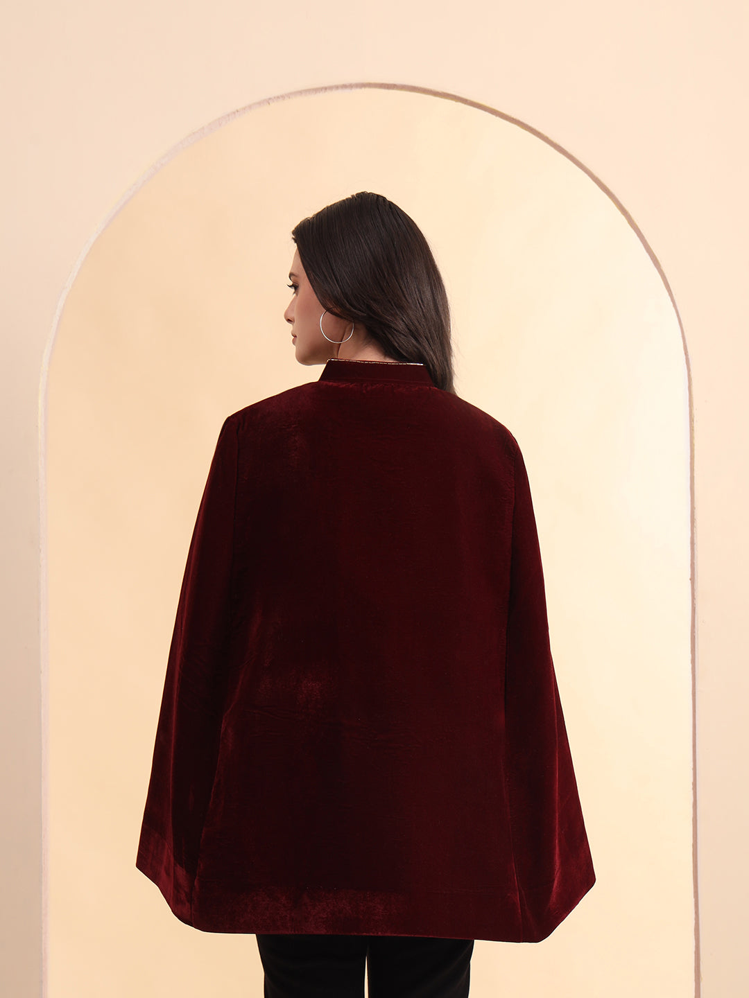 Velvet Hand Embellished Cape Jacket | Maroon