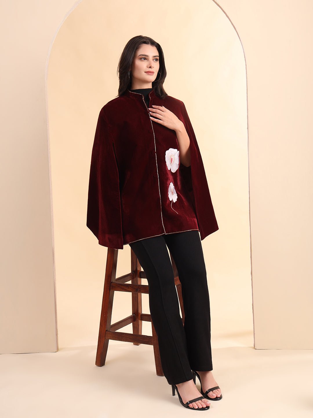 Velvet Hand Embellished Cape Jacket | Maroon