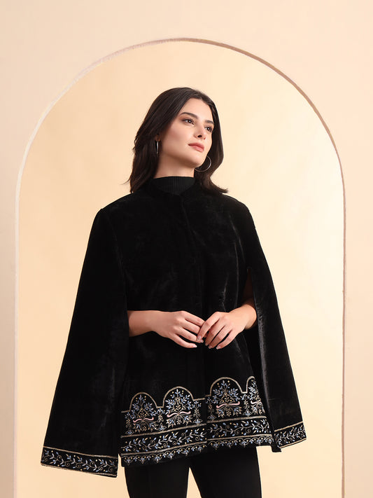 Velvet Hand Embellished Cape Jacket | Black