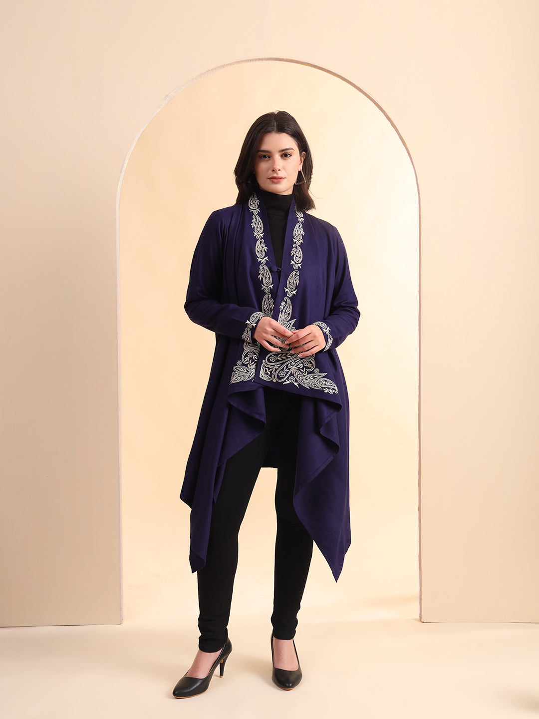 Zari Embroidery Woollen Full Sleeves Cape Shrug | Blue