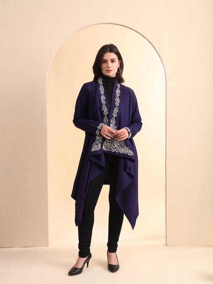 Zari Embroidery Woollen Full Sleeves Cape Shrug | Blue