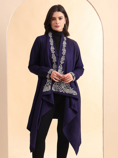 Zari Embroidery Woollen Full Sleeves Cape Shrug | Blue