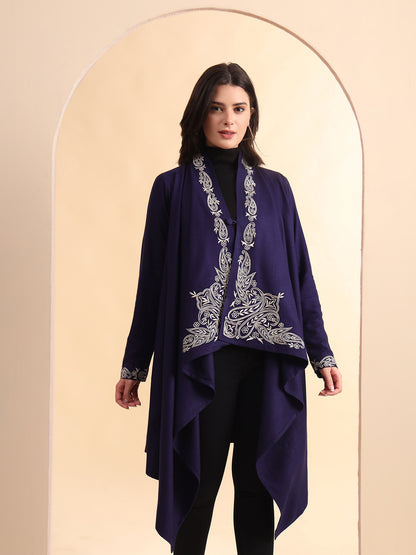 Zari Embroidery Woollen Full Sleeves Cape Shrug | Blue