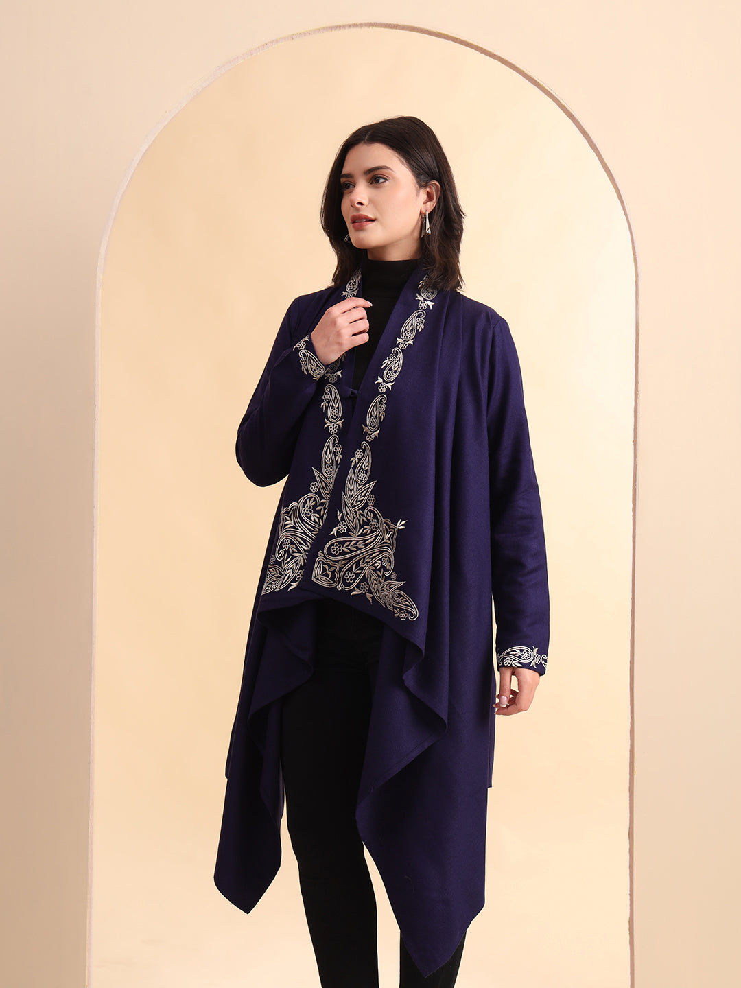 Zari Embroidery Woollen Full Sleeves Cape Shrug | Blue