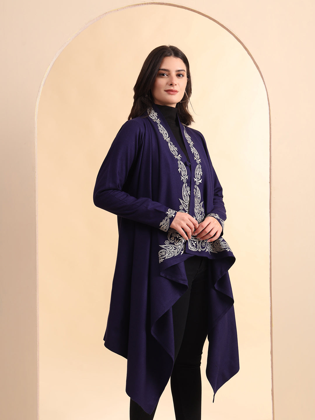 Zari Embroidery Woollen Full Sleeves Cape Shrug | Blue