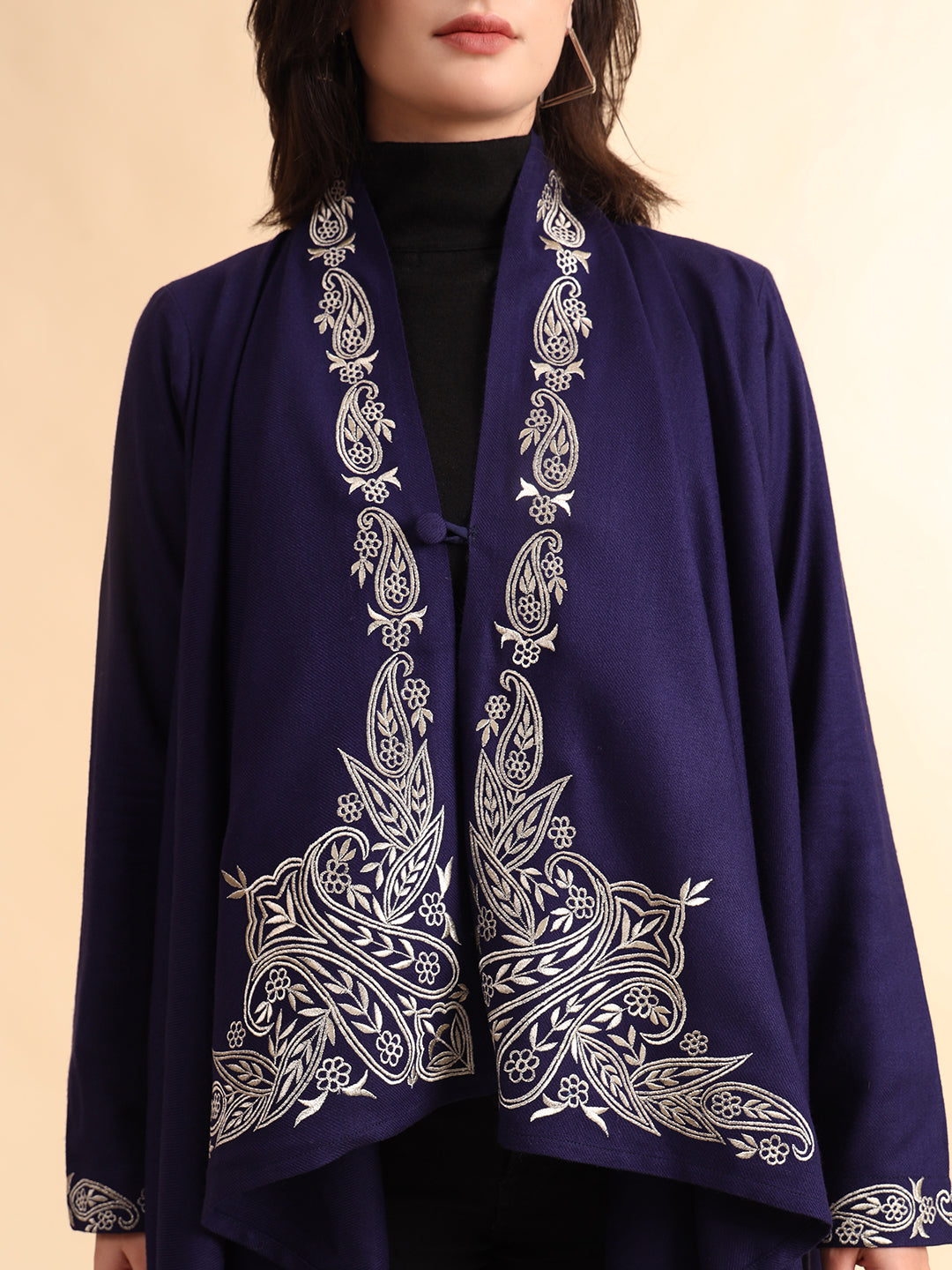 Zari Embroidery Woollen Full Sleeves Cape Shrug | Blue